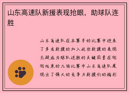 山东高速队新援表现抢眼，助球队连胜
