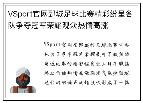 VSport官网鄄城足球比赛精彩纷呈各队争夺冠军荣耀观众热情高涨