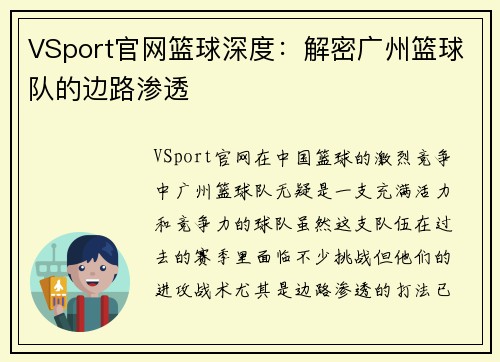 VSport官网篮球深度：解密广州篮球队的边路渗透